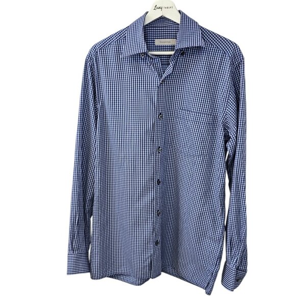 Ermenegildo Zegna Mens Long Sleeve Button Down Shirt, Check Print, Blue, Size M - Picture 1 of 10